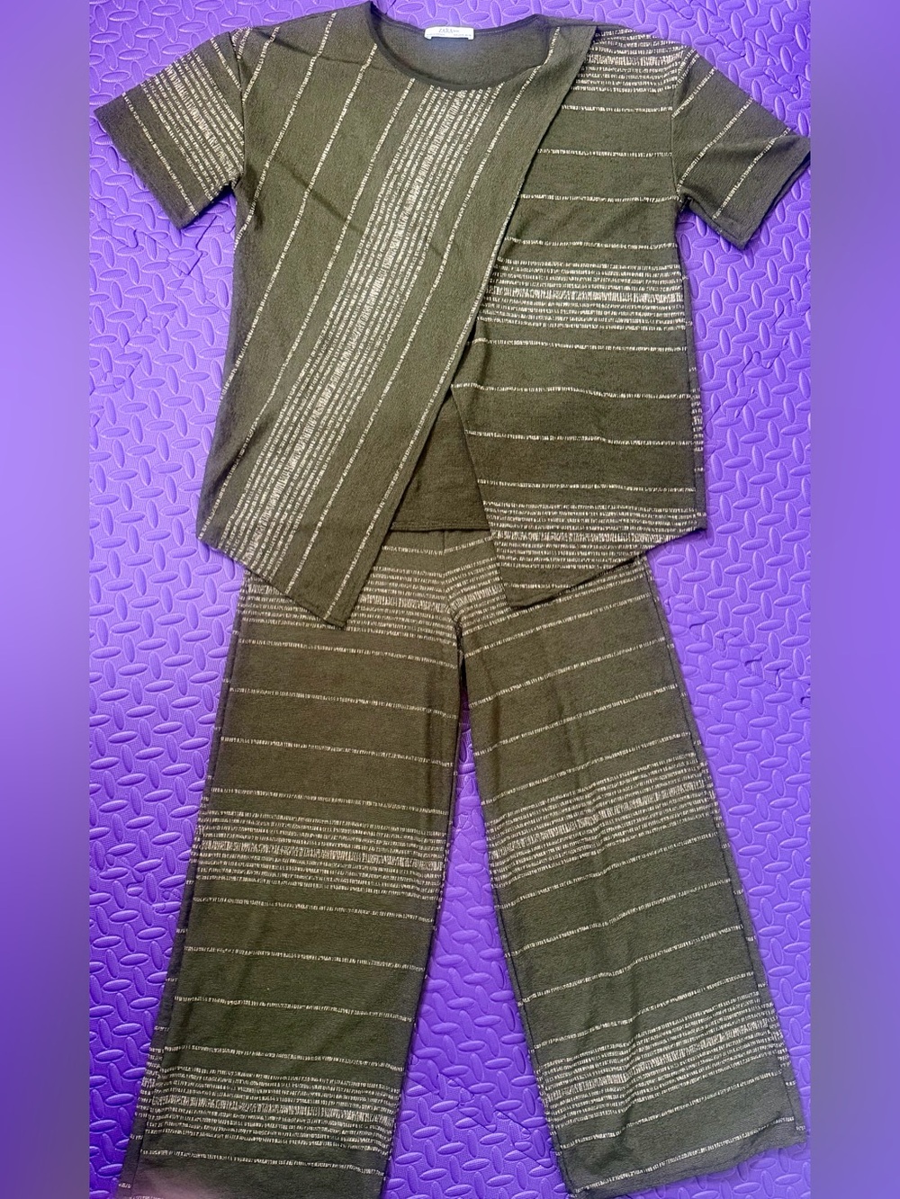 Zara Olive Green Metallic-Striped Wide-Leg Set